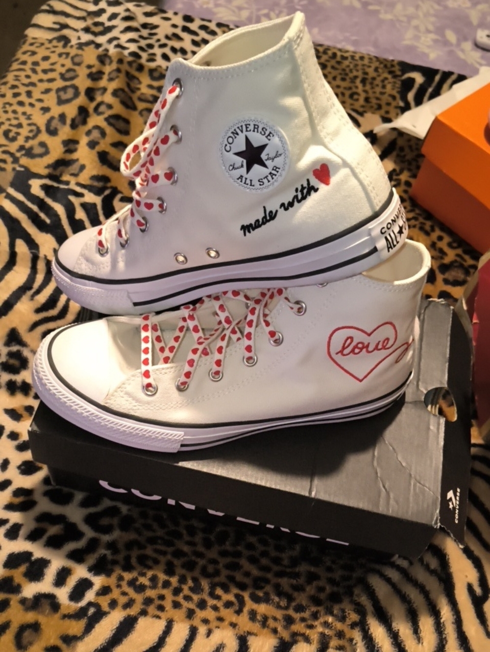 Converse White High-Top Sneakers with Red Heart Accents